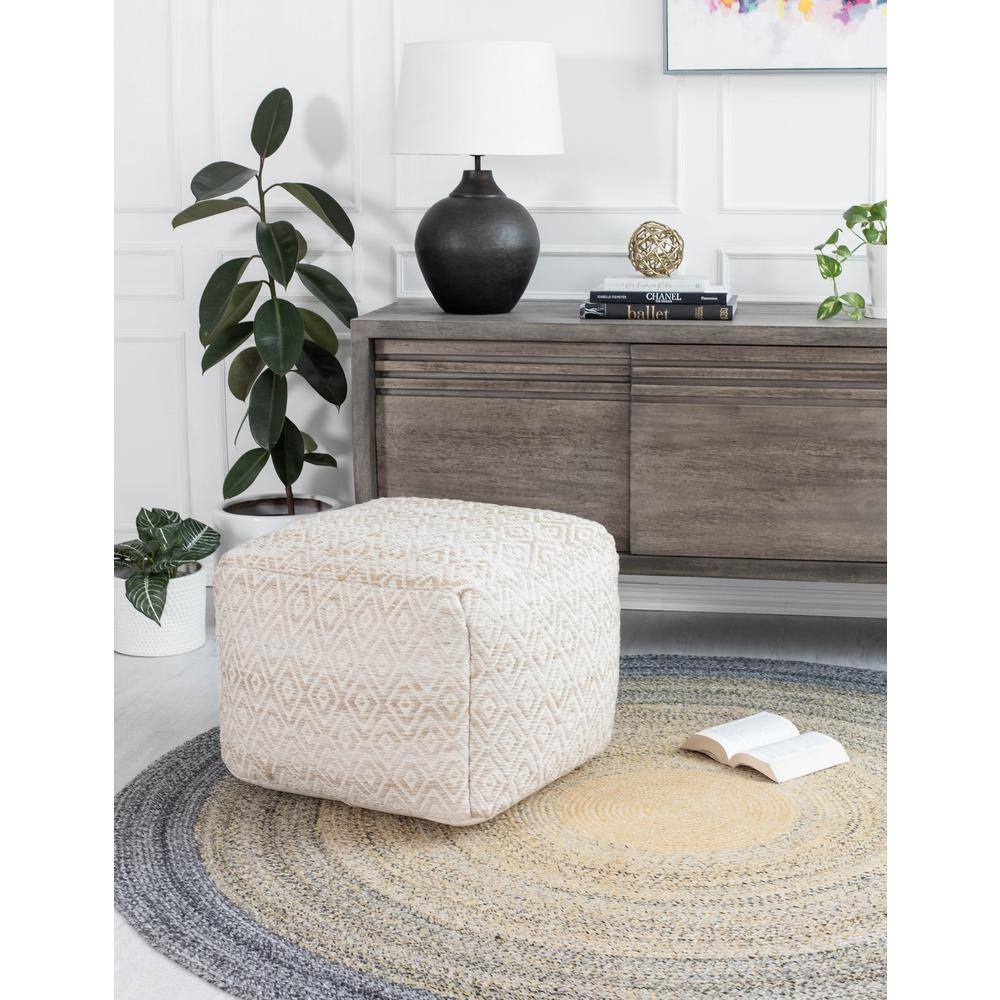 Cherokee Beige and Brown Geometric Woven Pouf