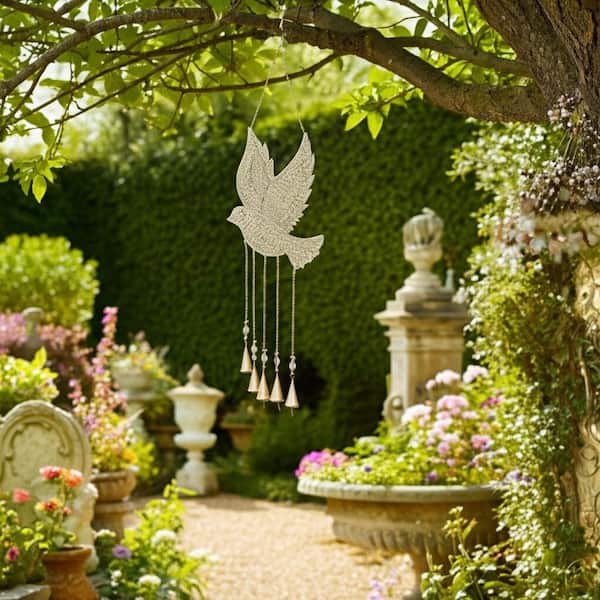 Silver 10 in. x 36 in. Metal Glass Mosaic Dove with Bells Wind Chimes