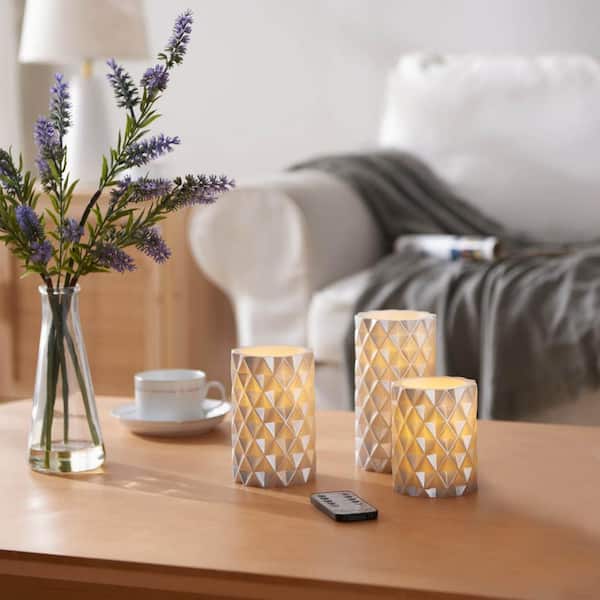 Unbranded Silver Quilted Diamond Carved Pattern LED Pillar Candles (Set of 3)