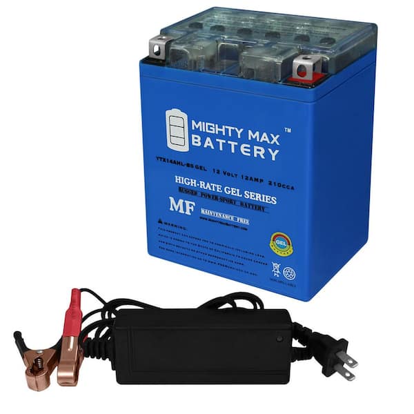 MIGHTY MAX BATTERY YTX14AHL GEL Replacement Battery for Royal Enfield Classic, Bullet 500 09-20 Plus 12-Volt 2Amp Charger