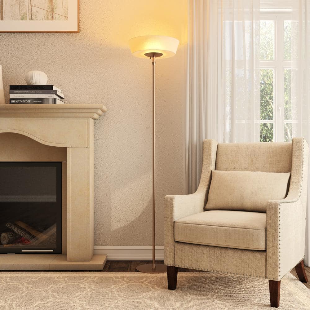 Harper Slim Satin Steel Torchiere Floor Lamp with White Linen Shade