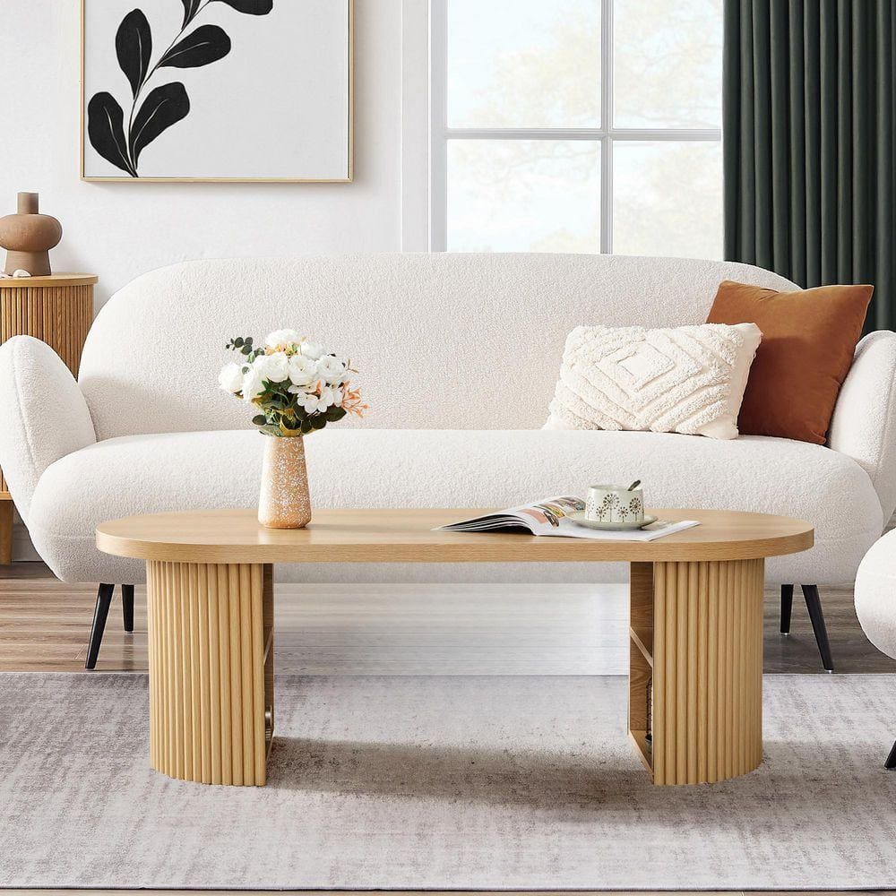 47.24 in. Natural Oval MDF Coffee Table with 2 Storage Space