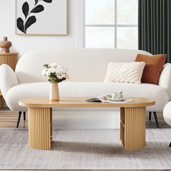 ATHMILE 47.24 in. Natural Oval MDF Coffee Table with 2 Storage