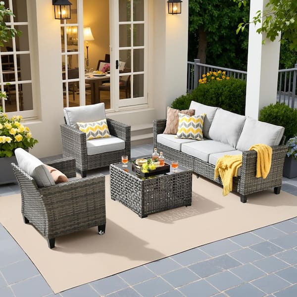 HOOOWOOO Scarlet 4-Piece Wicker Outdoor Furniture Patio Conversation Sofa Set with a Solar Lighted Table and Light Grey Cushions