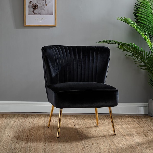 JAYDEN CREATION Monica Modern Black Velvet Comfy Living Room Side Chair with Golden Metal Legs