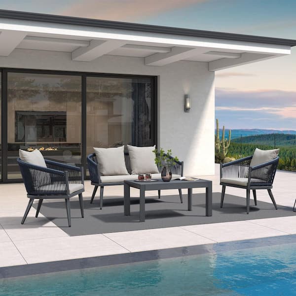 PURPLE LEAF 4-Piece Aluminum All-Weather Wicker Patio Conversation Set with Thick Sofa Cushions, Grey