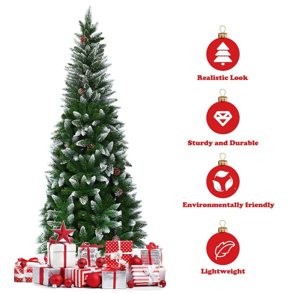 5ft Green and White Snow Flocked Pencil Christmas Tree with Pine Cones