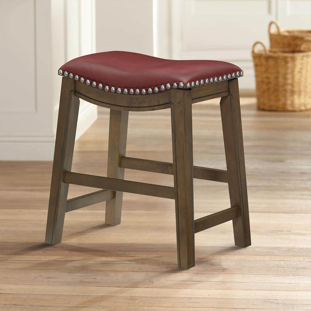 Contemporary Red Leather Saddle Counter Stool, 20" Backless Design