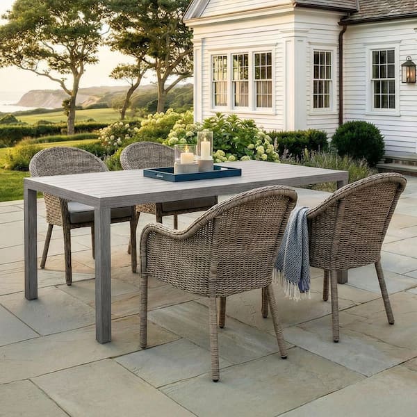Bedford Gray 5-Piece Aluminum 62 in. Rectangle Outdoor Dining Set with 4-Stacking Weathered Gray Rattan Wicker Chairs