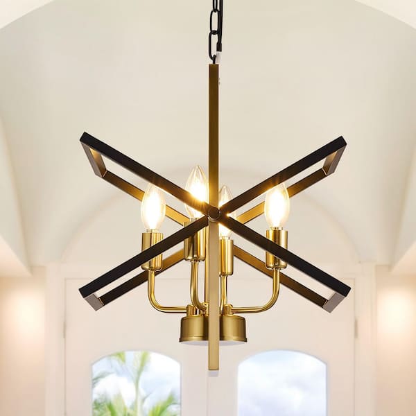 4-Light Geometric Pendant Light Fixture Industrial Lantern Hanging Chandelier in Black and Gold for Kitchen Dining Room