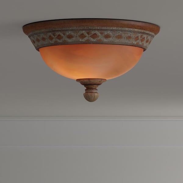 Berlini 13 in. 2-Light Tuscan Patina Dimmable Flush Mount Ceiling Light with Marble Glass Shade