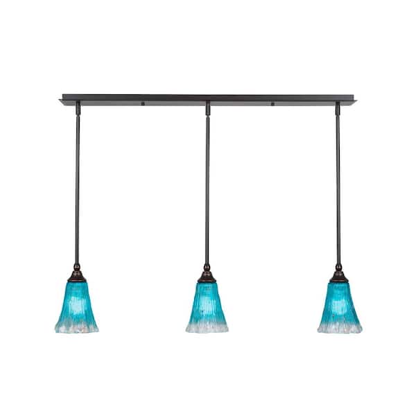Unbranded Livingston 100-Watt 3 Light Dark Granite Linear Pendant Light with 5.5 in. Teal Crystal Glass Shades No Bulbs Included