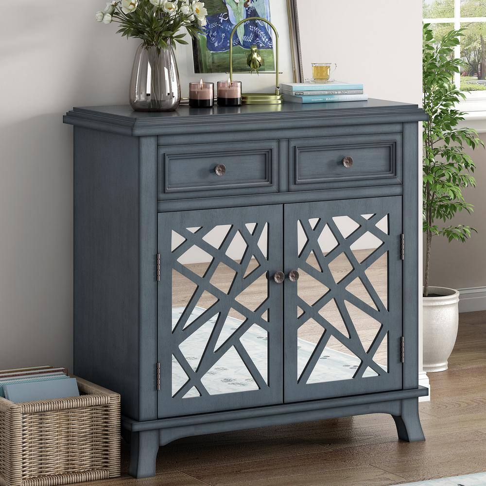 URTR Blue Vintage Accent Storage Cabinet with 2 Drawers Wood Sideboard ...