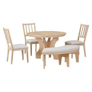 Natural Wood Wash 5-Piece Wood Outdoor Dining Set with Light Gray Cushion, with Curved Bench and Side Chairs
