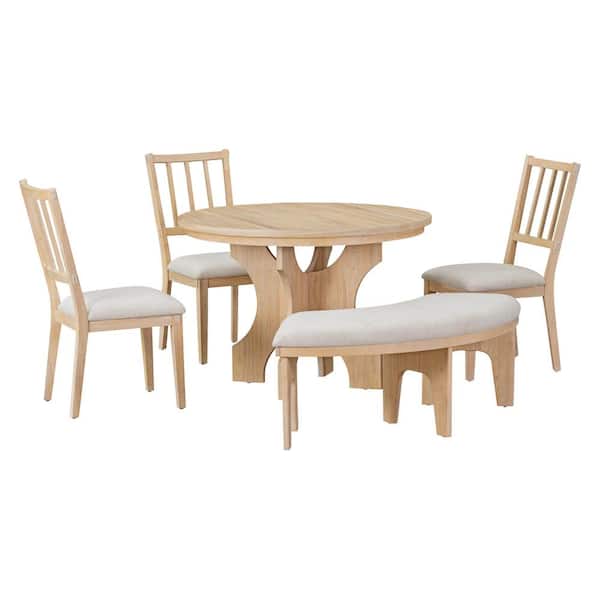 Sudzendf Natural Wood Wash 5-Piece Wood Outdoor Dining Set with Light Gray Cushion, with Curved Bench and Side Chairs