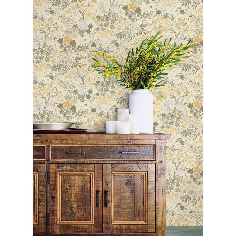 Eggshell White and Ochre Forest Floral Wallpaper