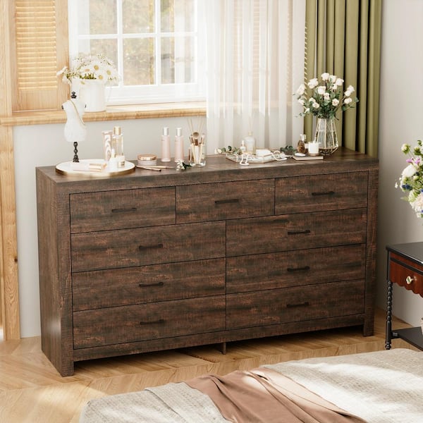 Brown 63 in. W Wooden Dresser, Chest of Drawers with 9-Drawers without Mirror