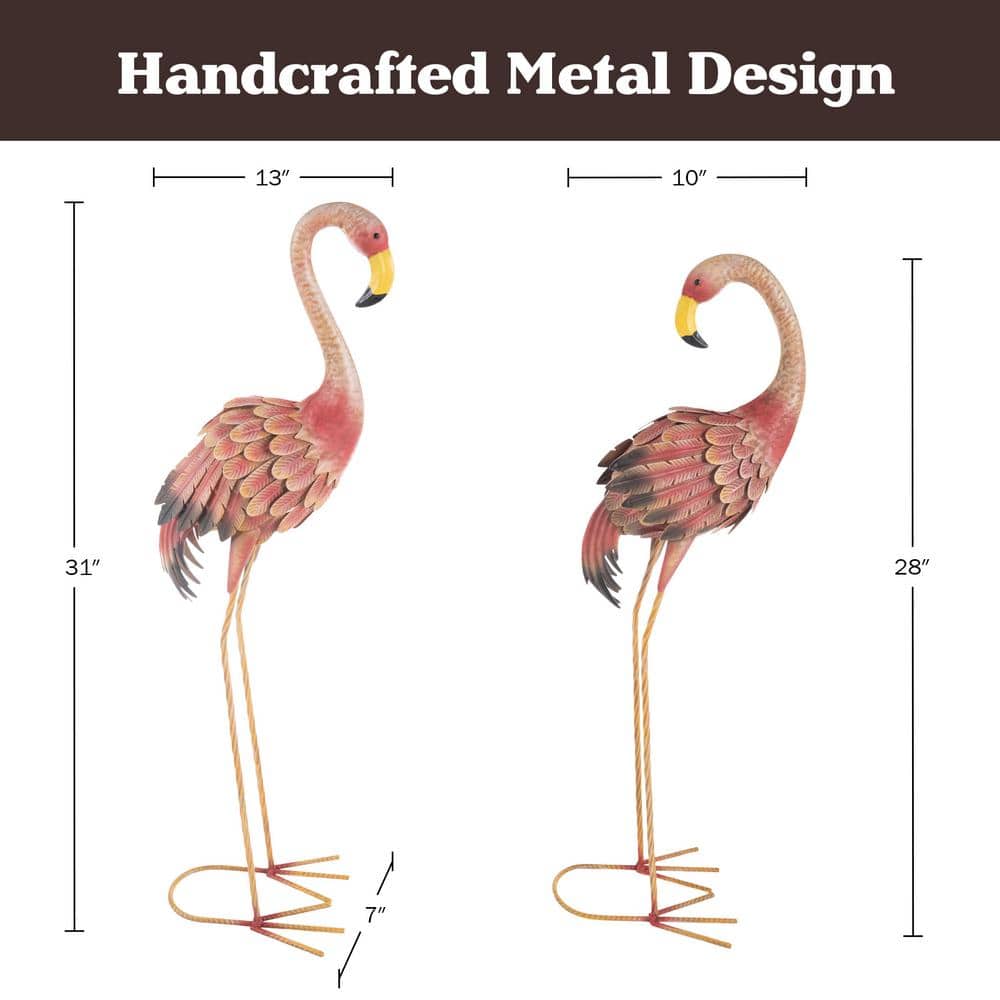 31 in. Hand-Painted Pink Metal Flamingo Garden Statues