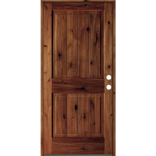 Krosswood Doors 36 in. x 80 in. Rustic Knotty Alder Square Top V-Grooved Red Chestnut Stain Left-Hand Wood Single Prehung Front Door