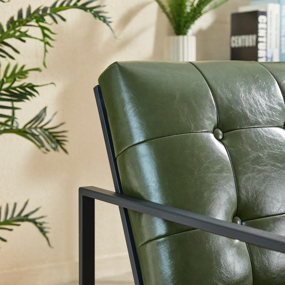 Hunter Green Faux Leather Button-Tufted Accent Chair with Metal Frame