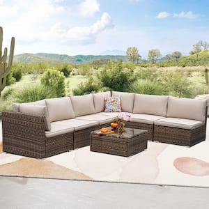 7-Piece Brown Wicker Outdoor Sectional Set with Beige Cushions, Coffee Table, Corner Sofa for Garden, Patio, Backyard