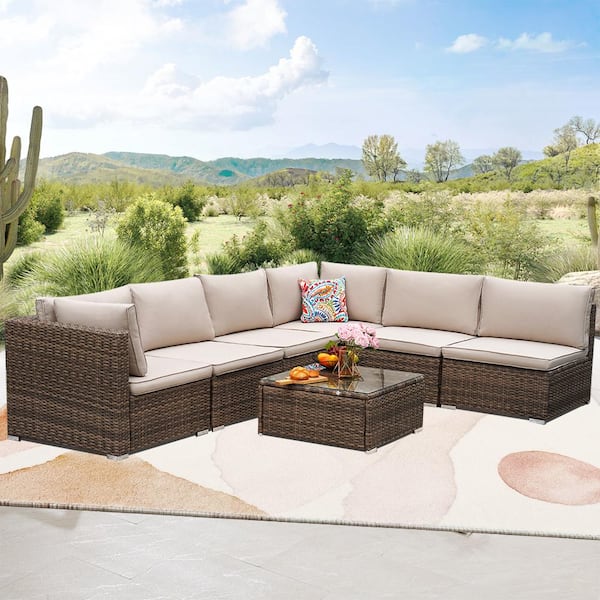 Zeus & Ruta 7-Piece Brown Wicker Outdoor Sectional Set with Beige Cushions, Coffee Table, Corner Sofa for Garden, Patio, Backyard