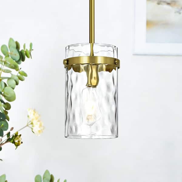 Rayhome 5.9 in. 1-Light Modern Gold Adjustable Pendant Light with Hammered Hand-Blown Glass Shade for Kitchen Island