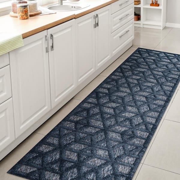 JONATHAN Y Talaia Neutral Navy 2 ft. x 8 ft. Geometric Indoor/Outdoor Area Rug
