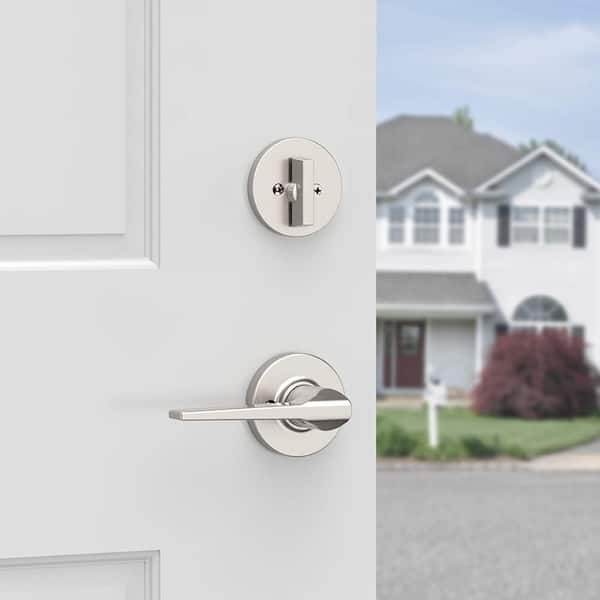 Amador Satin Nickel Entry Door Handleset with Round Rose Hollis Handle Featuring SmartKey Security