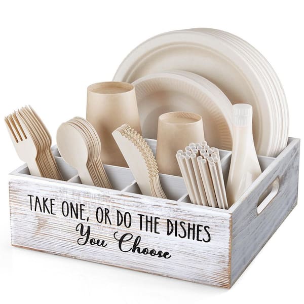 White Rustic Acacia Wood Utensil Caddy with 6 Compartments for Party Serving and Kitchen Organization