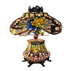 Peacock 25 in. Bronze Stained Glass Table Lamp