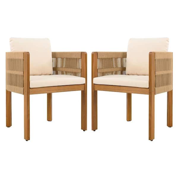 Brown Wood Outdoor Dining Chairs with Beige Waterproof Cushion and Rope Handles (Set of 2)