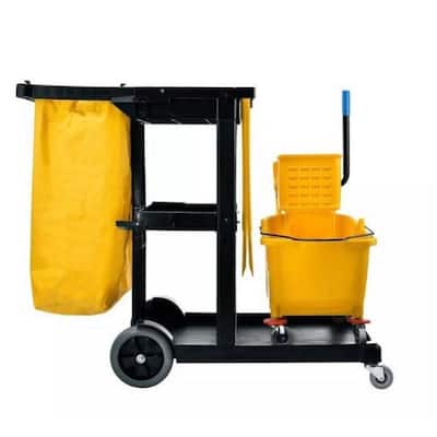 Yellow ABS Plastic Janitorial Cleaning Cart with Mop Bucket Combo and Caution Wet Floor Sign