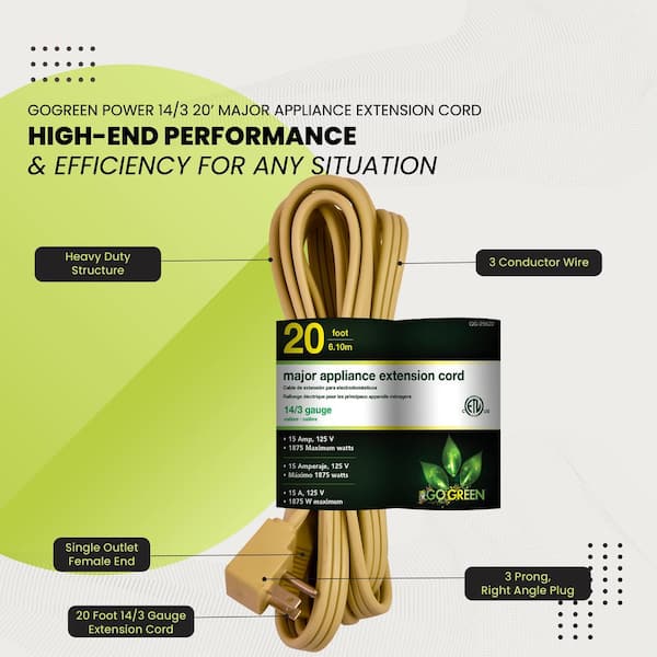gogreen② GoGreen Power 20 ft. 14/3 Appliance Cord - Beige GG-25620 - The