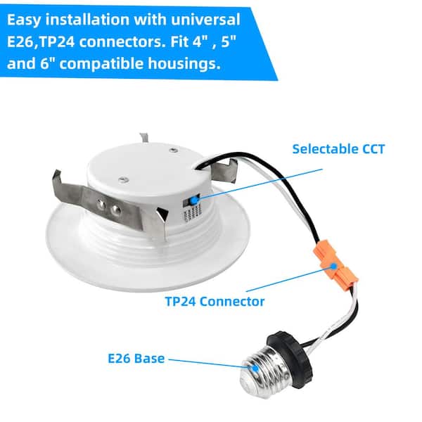 Honbei - 4 in. Adjustable 5CCT Retrofit Recessed 2700K-5000K Lighting, Dimmable with E26 Screw in Fixture, ETL Listed 12-Pack