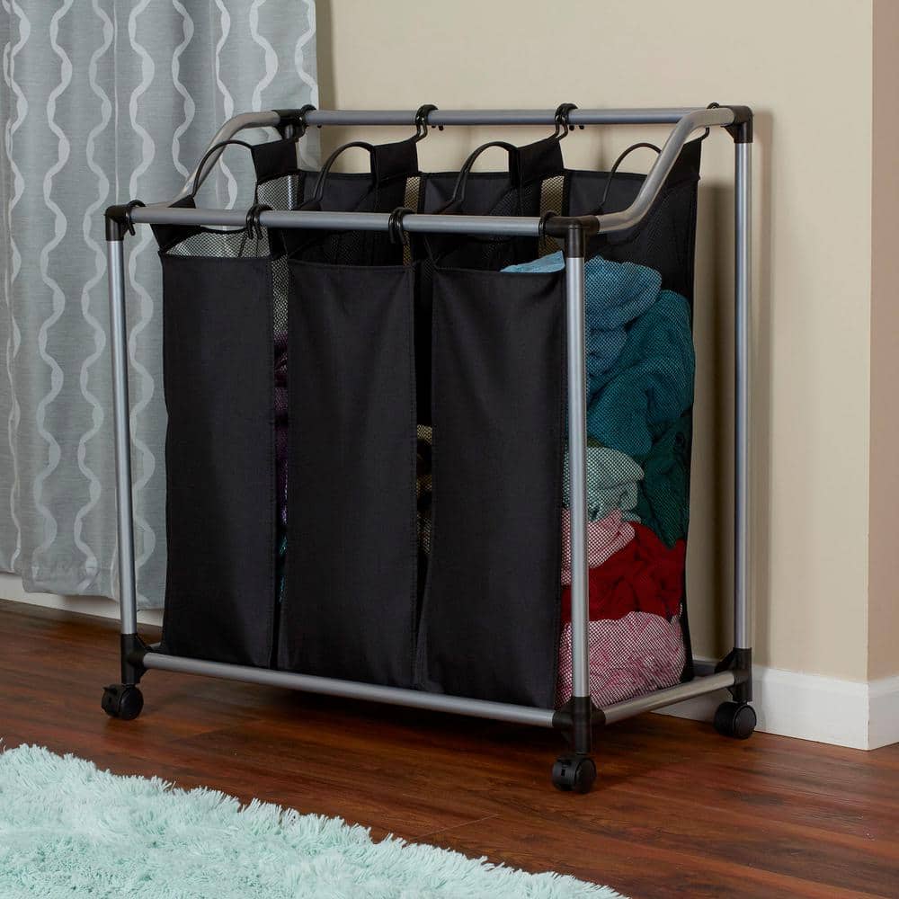Black and Silver Triple Laundry Sorter with Wheels and Mesh Bags