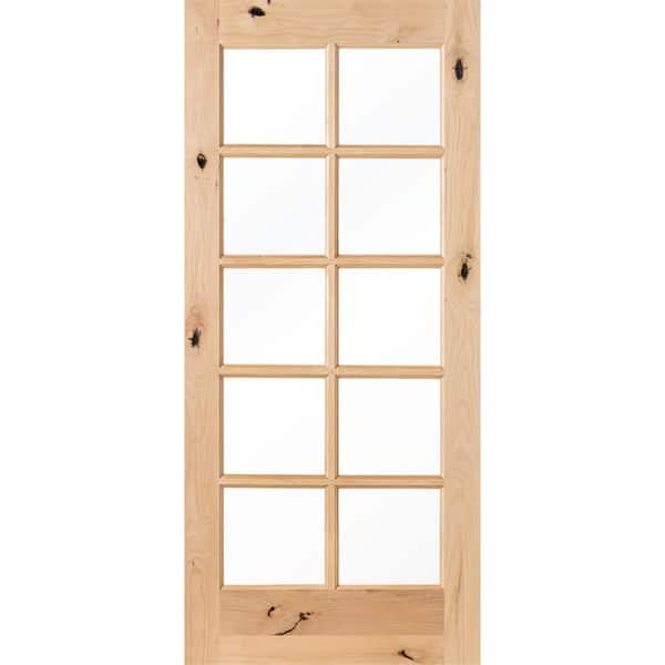 Krosswood Doors 32 in. x 80 in. Rustic Knotty Alder Wood 10-Lite Clear Tempered Glass TDL Stainable Interior Door Slab