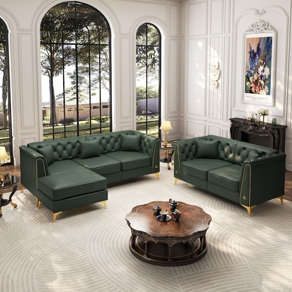 Modern Modular Chesterfield 3-Piece Green Faux Leather Living Room Set with Ottoman and 5-Pillows