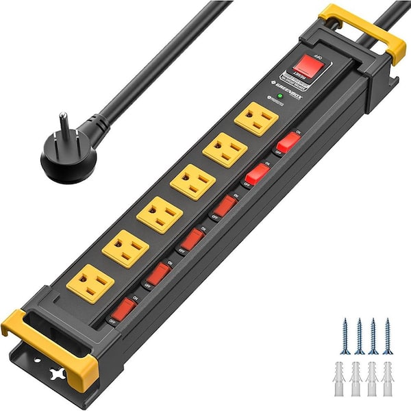 6 ft. Metal Heavy Duty Surge Protector Power Strip with 6-Outlets and 6-Individual Switches, Mountable, ETL Listed