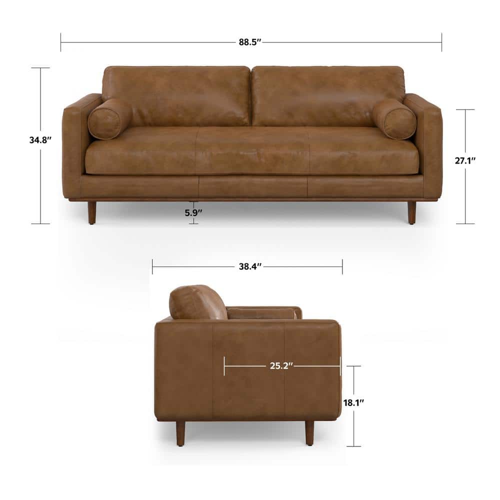 Caramel Brown Genuine Leather Sofa with Removable Cushions
