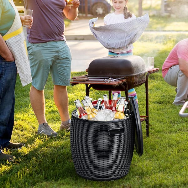 12-Gal Patio Ice Cooler Bucket Cool Bar Table Cocktail Side Table w/Lid Black