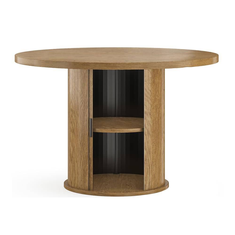43.3 in. W Walnut Wood Outdoor Round Dining Table with Sturdy Metal Base for 4 People