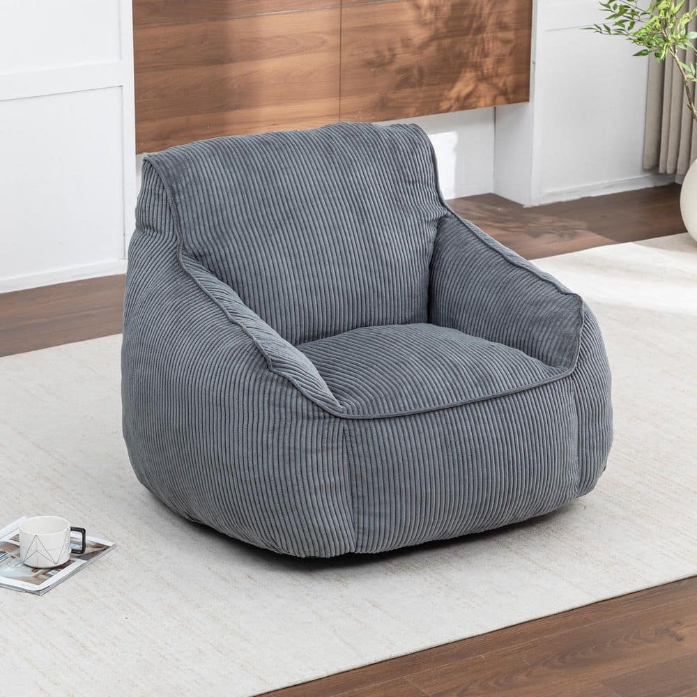 38.6 in. W Dark Gray Polyester Corduroy Medium Bean Bag with Armrests for Living Room, Bedroom