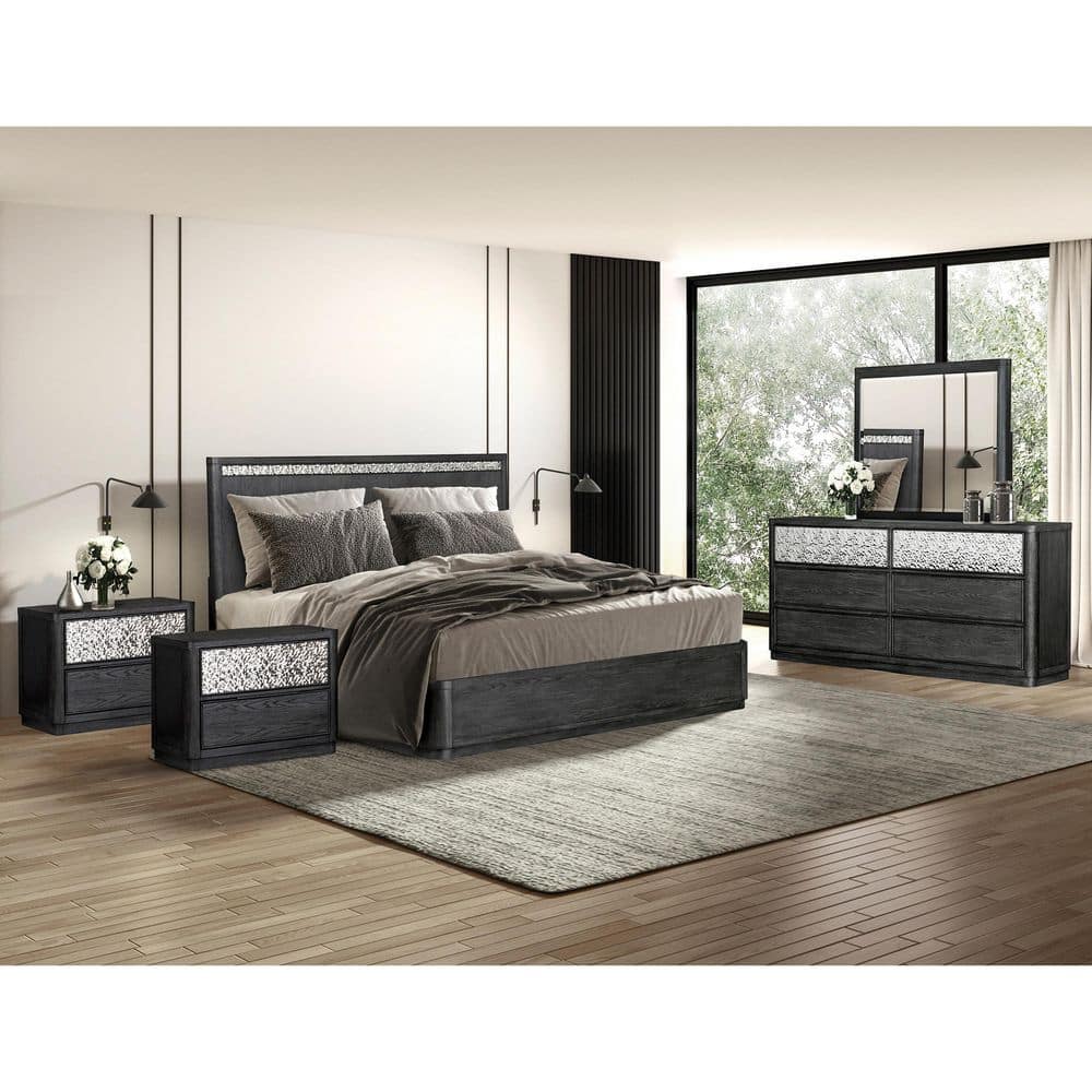 Hairin 5-Piece Ash Gray Wood Frame King Platform Bedroom Set with 2-Drawer Nightstand and Dented Metal Accent Panels price history on PriceWatchPro