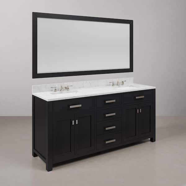 Madison 72in.W x 21.5in.D x 34in.H Double Sink Bath Vanity in Espresso with Carrara White Marble Top, Faucets and Mirror