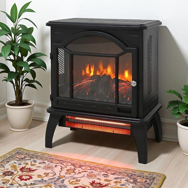 18 in. Freestanding Infrared Quartz Electric Fireplace Stove, Fireplace Stove with Remote Control and 3D Flame in Black