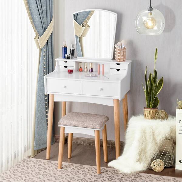 Costway 2 Piece White Vanity Table Set, Mirrored 6 Drawer Dressing Table