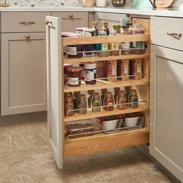 Rev-A-Shelf Pull Out Cabinet Organizer 448-WC-8C, 8-Inch Wood Base Kitchen  Multi-Use Cabinet with 3 Adjustable Shelves for Storage and Organizing