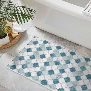 Gray-Blue Color Geometric Trellis Design Cotton Non-Slip Washable Thin 3-Piece Bathroom Rugs Sets