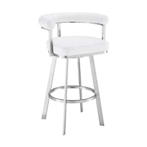 Magnolia 26 in. White/Brushed Stainless Steel Low Back Metal Counter Stool with Faux Leather Seat